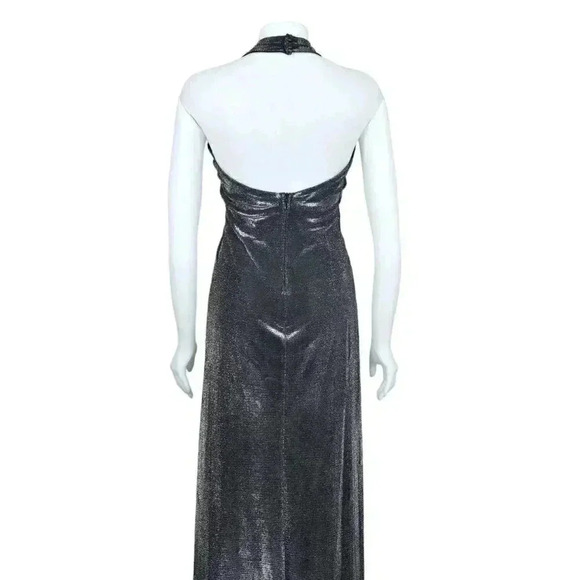 Vintage Kiki Halter Pleated Maxi Dress Metallic Silver Black Mobwife Size Medium - Picture 8 of 16